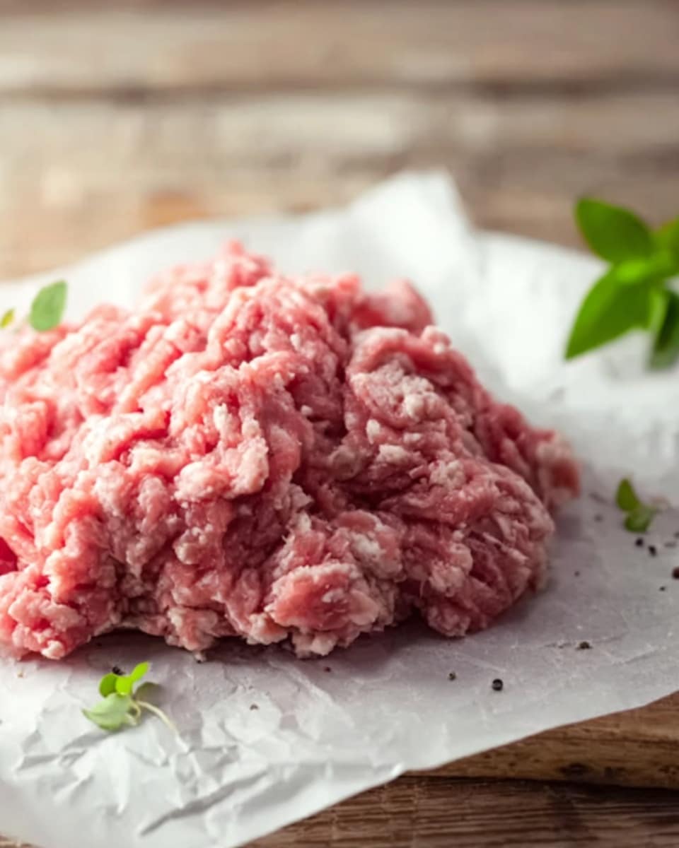 A close-up of a pile of raw ground meat with a mix of pink and white colors, showing a soft and moist texture. The meat sits on a white sheet of parchment paper, which is placed on a wooden surface. There are small green herb leaves blurred softly in the background on the white marbled texture. Photo taken with an iphone --ar 4:5 --v 7