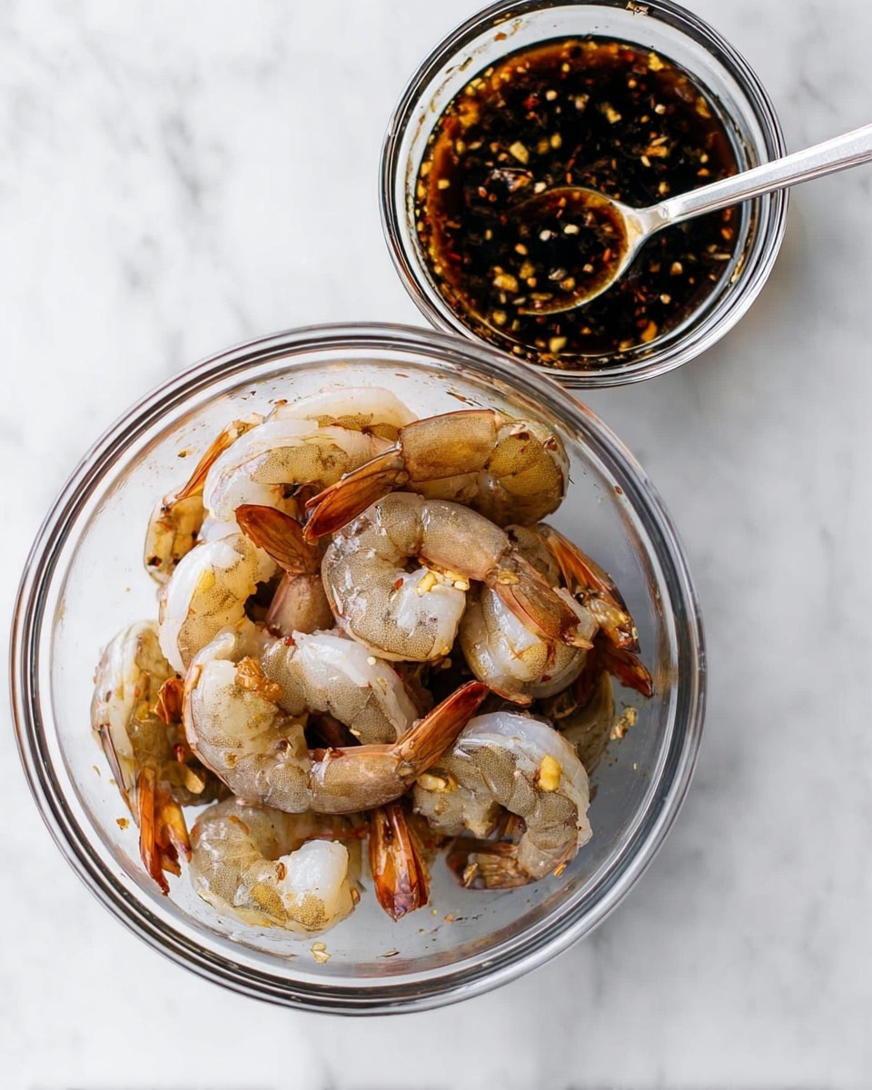 A clear glass bowl holds a layer of raw shrimp with orange and gray shells, some with the tails still on, covered lightly in a dark soy-based sauce with visible chili flakes and garlic pieces, giving the shrimp a shiny coating. Above and slightly to the right, another smaller clear glass bowl contains more of the dark sauce, with a silver spoon resting inside. Both bowls sit on a white marbled surface, highlighting the colors and texture of the shrimp and sauce. photo taken with an iphone --ar 4:5 --v 7