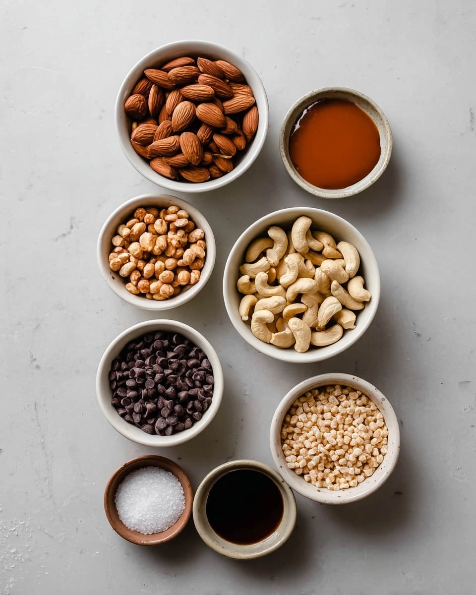 Seven white bowls of different sizes are arranged on a white marbled surface. The top left bowl is filled with whole almonds, showing their smooth brown shells. To the right is a small bowl with shiny, thick amber caramel sauce. Below the almonds is a bowl with shelled light brown peanuts. Next to it on the right is a bowl filled with pale beige cashews. Below these two bowls, in the center, there is a bowl with dark chocolate chips. At the bottom left, a bowl contains round, light beige puffed rice. Next to the puffed rice bowl, a small bowl holds white coarse sea salt, and next to the sea salt, a bowl contains dark brown vanilla extract. The light grey-white marbled surface offers a soft, neutral background. photo taken with an iphone --ar 4:5 --v 7