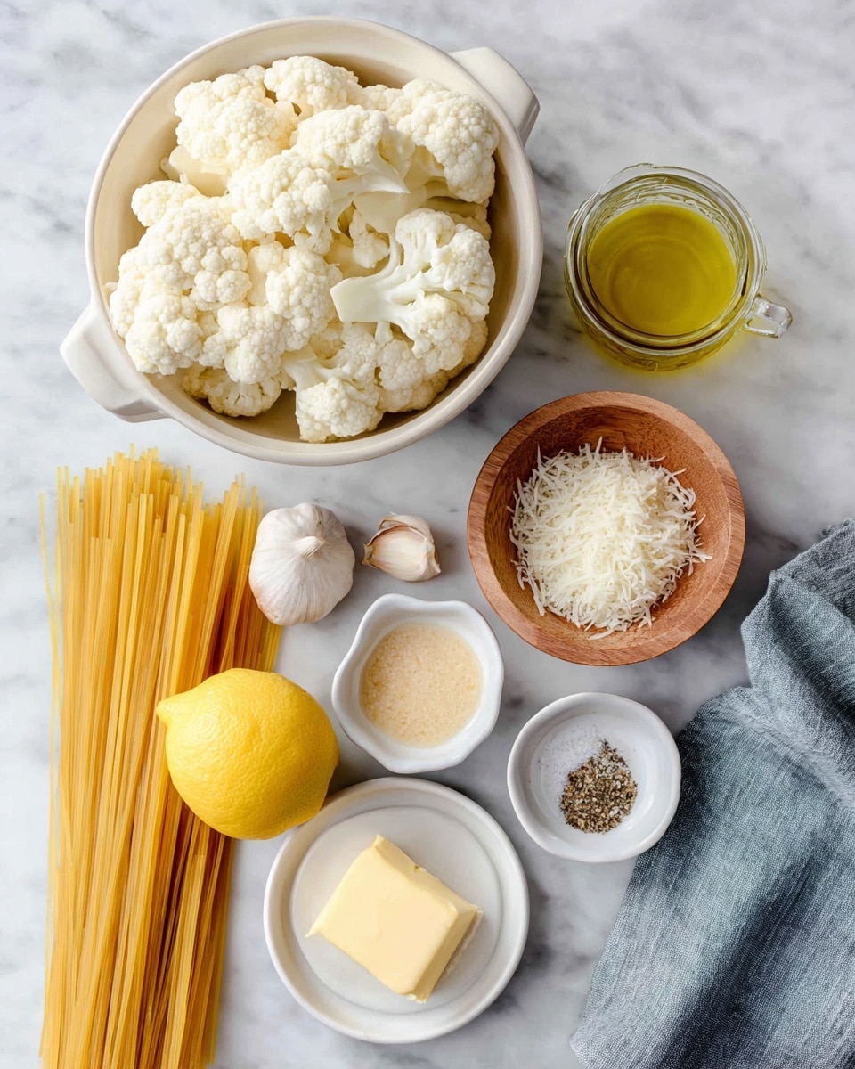 The image shows cooking ingredients arranged neatly on a white marbled surface. At the top center, there is a white enamel bowl filled with white cauliflower florets. To the right of the bowl, there is a round wooden bowl piled high with finely grated white cheese. Below the cauliflower bowl, there is a peeled garlic bulb with two cloves. A small glass jar filled with golden olive oil sits to the left of the garlic. In the bottom left corner, a bundle of uncooked yellow spaghetti strands is placed next to a bright yellow lemon. Above the lemon, a small white dish holds a dollop of light brown mustard. To the right of the lemon, another small white plate holds a square piece of pale yellow butter, and just below that, a small bowl contains a seasoning mix of salt and pepper. A soft gray cloth napkin lays partially folded on the bottom right edge of the frame. Photo taken with an iphone --ar 4:5 --v 7