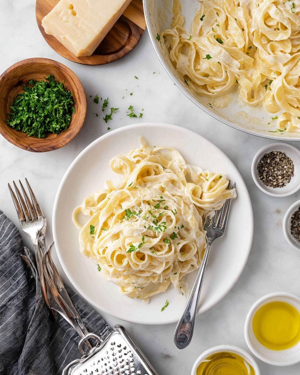 A white round plate holds a serving of creamy fettuccine pasta layered in soft, flat, and wide noodles coated evenly with a light white sauce. Small green parsley flakes are scattered on top, adding a touch of fresh color. A silver fork rests on the right side of the plate with some pasta wrapped around its prongs. Above the plate, there is a white pan filled with more fettuccine pasta in the same creamy sauce. To the left, a small wooden bowl contains chopped green parsley, next to two silver forks crossed on a white marbled surface. Nearby, a chunk of pale yellow cheese on a white grater and a dark gray cloth napkin with light stripes complete the scene. Two small white bowls with ground black pepper and a small glass of yellow olive oil are also placed on the white marbled surface. Photo taken with an iphone --ar 4:5 --v 7