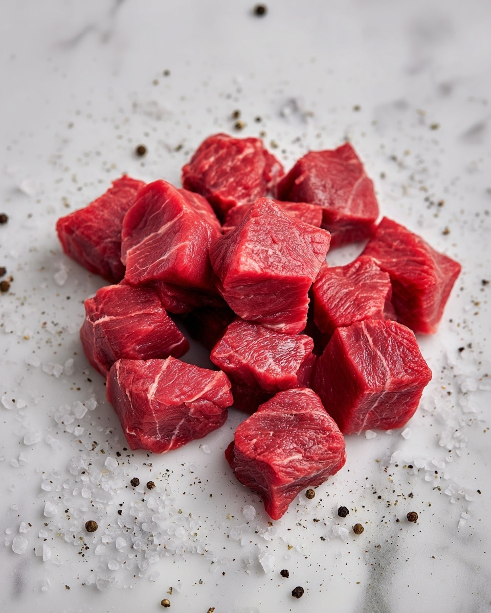 A pile of raw red meat cubes arranged loosely in the center on a white marbled surface with scattered grains of salt and cracked black pepper around them, showing the texture and slight moisture on the meat pieces. The cubes vary slightly in size and have visible natural lines running through the flesh. The background is clean with a soft focus on the marbled surface details, emphasizing the freshness of the meat photo taken with an iphone --ar 4:5 --v 7