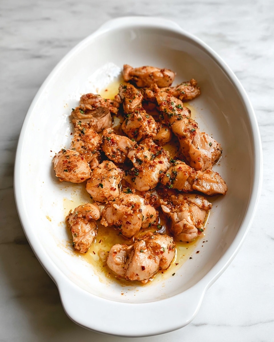 In a white oval dish, small pieces of cooked seasoned chicken are spread unevenly, showing a mix of light brown and reddish color with visible herbs and spices speckled on each piece, all placed on a white marbled surface. photo taken with an iphone --ar 4:5 --v 7