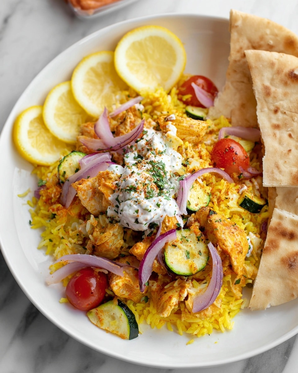 The dish is served on a white plate on a white marbled surface and shows three lemon slices arranged on the edge. The base is yellow rice mixed with pieces of cooked chicken that have a slight orange seasoning. Scattered over the rice are small chunks of green zucchini, whole red cherry tomatoes, thin rings of purple onion, and small bits of white cheese. A dollop of white sauce with green herbs is placed on top of the rice. On the right side of the plate, there are two pieces of folded flatbread with a light brown toasted surface. Photo taken with an iphone --ar 4:5 --v 7