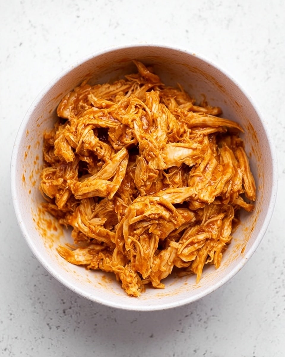 A white bowl filled with shredded chicken that is coated in a thick, orange-brown sauce, giving the meat a moist and tender look. The chicken strands are uneven and piled loosely inside the bowl, and the sauce clings well to each piece. The bowl sits on a white marbled surface, creating a clean and bright background that contrasts with the rich color of the chicken. photo taken with an iphone --ar 4:5 --v 7