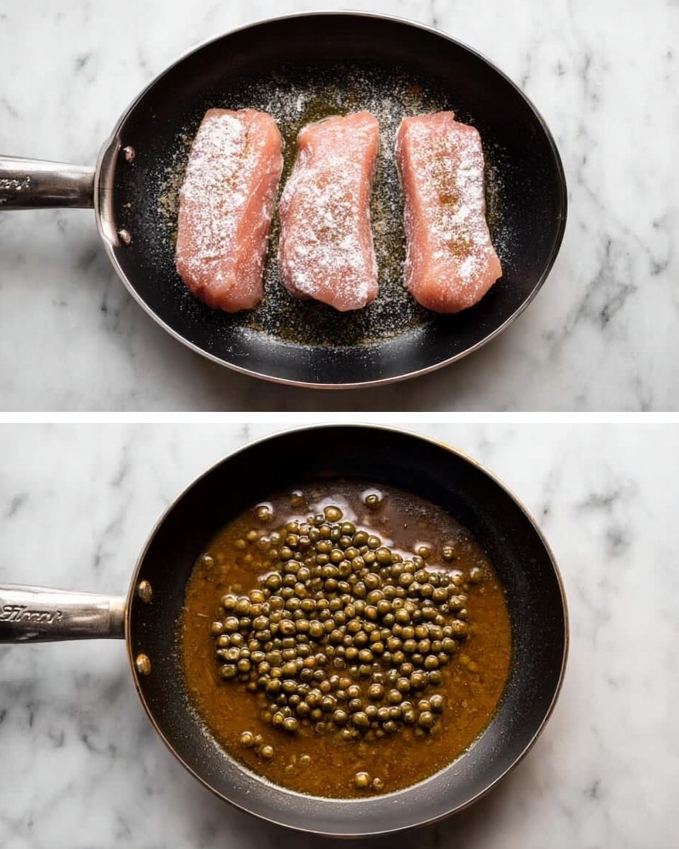 A black pan with a handle sits on a white marbled surface. In the first image, four pieces of raw pink meat coated in a light layer of white flour or powder are placed side by side inside the pan. In the second image, the same pan holds a brown sauce with many small, round green peppercorns floating on top, spreading evenly across the pan's surface. photo taken with an iphone --ar 4:5 --v 7