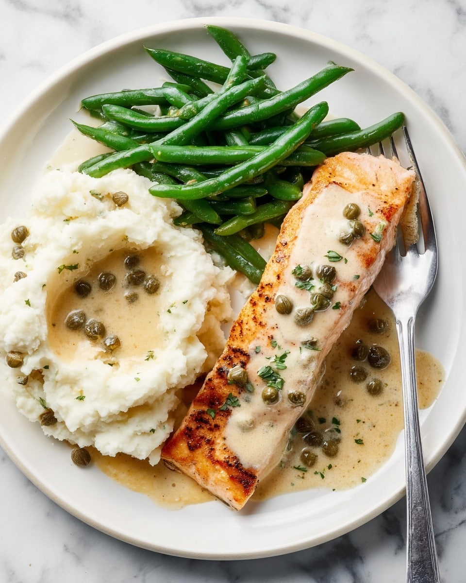 A white plate holds three main parts of food arranged in sections: on the left, there is a large scoop of creamy white mashed potatoes with small chunks and a shallow well of light beige sauce with capers on top; on the bottom left, bright green steamed green beans are placed in a neat pile, drizzled with the same light beige sauce and dotted with capers; on the right, a seared salmon fillet with a golden brown top and light pink sides is partially covered with the beige sauce and garnished with small green herb pieces; to the right of the salmon, there is a shiny silver fork resting on the plate; the plate sits on a white marbled surface photo taken with an iphone --ar 4:5 --v 7