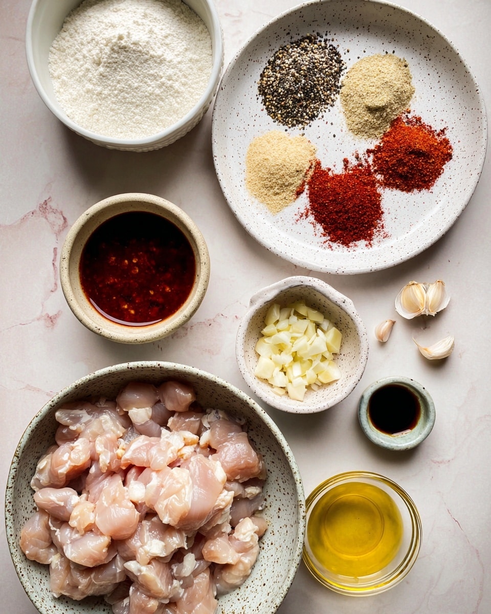 The image shows a top-down view of raw chopped chicken in a large white speckled bowl at the bottom. Above it, there is a white speckled plate with four piles of spices: black and white pepper mix, light beige garlic powder, deep red paprika, and a smaller mound of light beige powder. To the right, small white bowls hold various ingredients: chopped garlic in a small earthenware bowl, a dark red chili sauce in a white bowl, a clear golden liquid, a dark soy sauce in a small glass bowl, and a light yellow vinegar-like liquid in another white bowl. There is also a bowl of white flour near the top and some garlic cloves with skins lying on the white marbled surface. Photo taken with an iphone --ar 4:5 --v 7