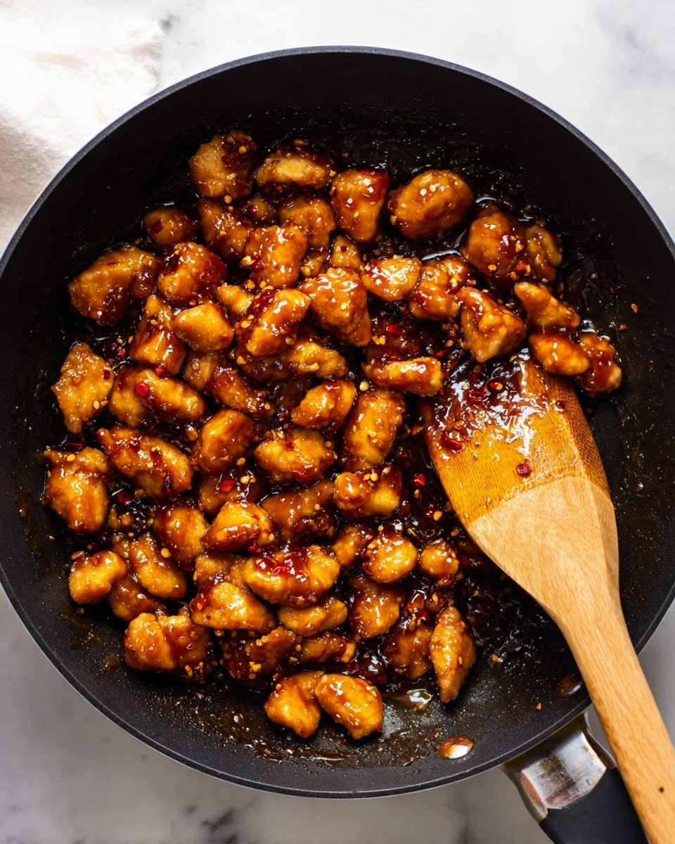 In a black pan filled with small to medium golden brown pieces of chicken coated in thick, shiny dark brown sauce with a sticky texture, a wooden spatula with a smooth light brown color lies on the right side, partially covered with the sauce. The sauce glistens under the light, showing some chili flakes and small bits of garlic. The pan is placed on a white marbled surface with a slight shadow under the pan's edge, giving depth to the image. Photo taken with an iphone --ar 4:5 --v 7