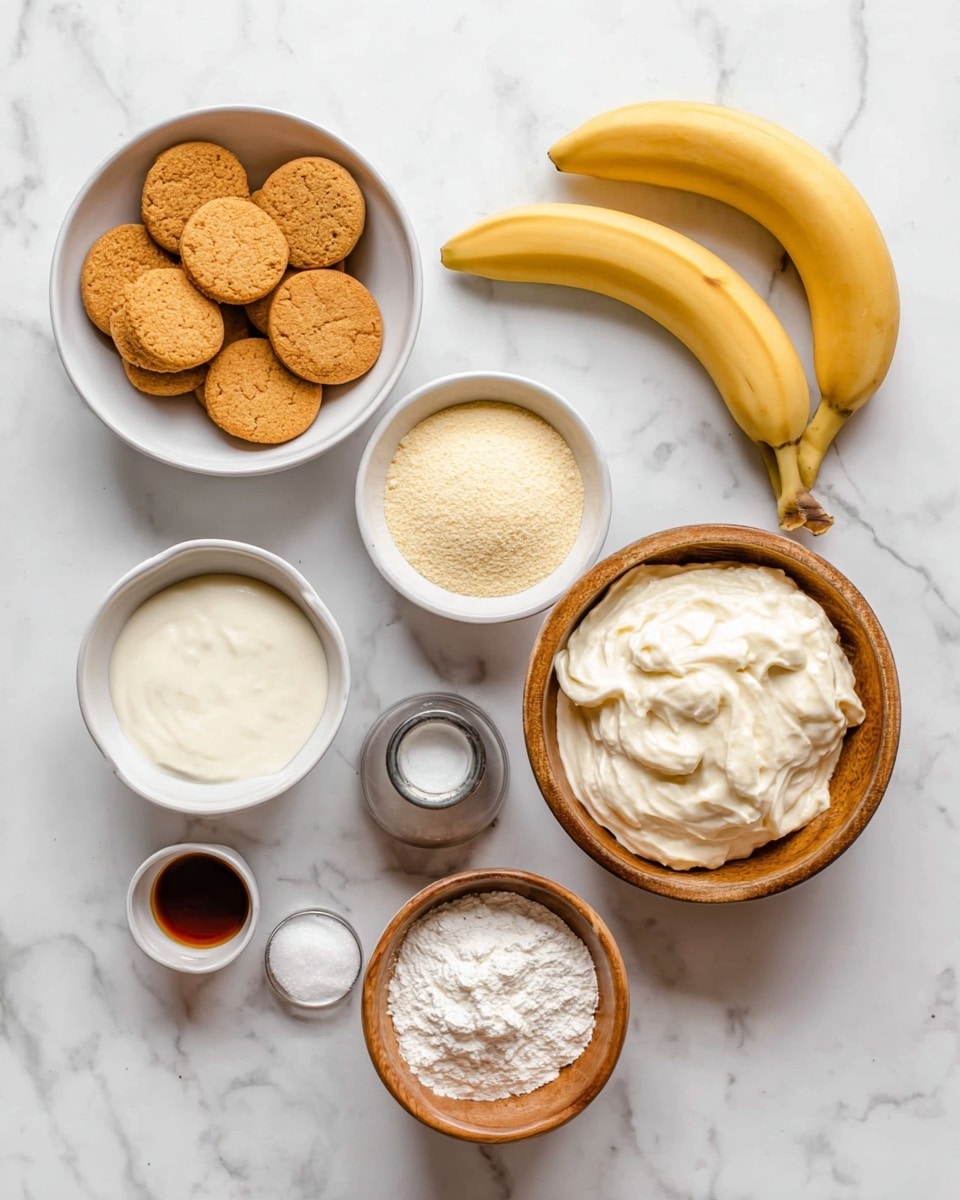 The image shows several bowls and items placed on a white marbled surface. There is a white bowl filled with small round golden-brown cookies on the left side. Next to it is a white bowl with light yellow powdery substance. To the right, there is a small white cup with a dark liquid. A small metal container with white salt is placed near the center. Towards the top right, there are two whole yellow bananas. A wooden bowl holds mashed banana with a creamy texture. Below it, another wooden bowl and a white bowl contain smooth, fluffy white cream. A small wooden bowl at the center bottom contains white powder. The composition is simple and bright, with natural colors of the ingredients photo taken with an iphone --ar 4:5 --v 7