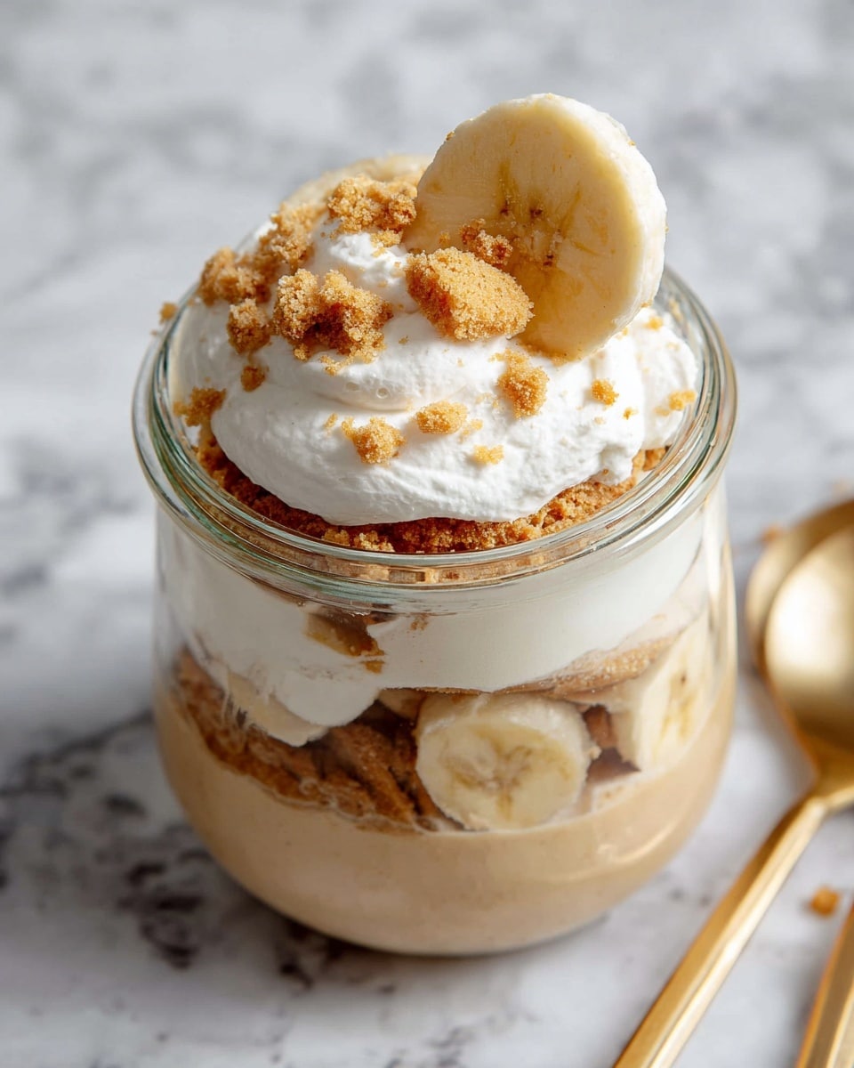 This image shows a small clear glass jar filled with four layers of dessert. The bottom layer is a smooth beige cream, above it are slices of banana pressed against the glass. The third layer consists of crumbly golden brown cookie pieces, and the top layer is white whipped cream sprinkled with more of the crumbled cookie. A single banana slice is placed on top for decoration. The jar is placed on a surface with a white marbled texture, and a golden spoon is visible in the lower right corner. photo taken with an iphone --ar 4:5 --v 7