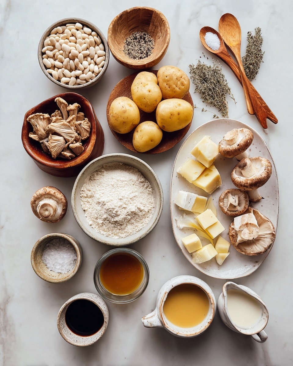 The image shows an overhead view of various ingredients arranged neatly on a white marbled surface. From left to right, there is a small round bowl filled with white beans, next to it a wooden plate holding coarse salt and ground black pepper. Below are a bowl of dried mushrooms and a bowl filled with white flour. Moving right, there are several fresh mushrooms and halved yellow potatoes placed above garlic cloves. Two wooden spoons hold dried herbs, placed on a large white plate with some butter cubes and halved onion around it. At the bottom, there are three small bowls containing dark soy sauce, light mustard, and golden broth, along with a small pitcher of milk. The colors range from creamy white, light brown, and golden to earthy tones, creating a warm and inviting composition. Photo taken with an iphone --ar 4:5 --v 7