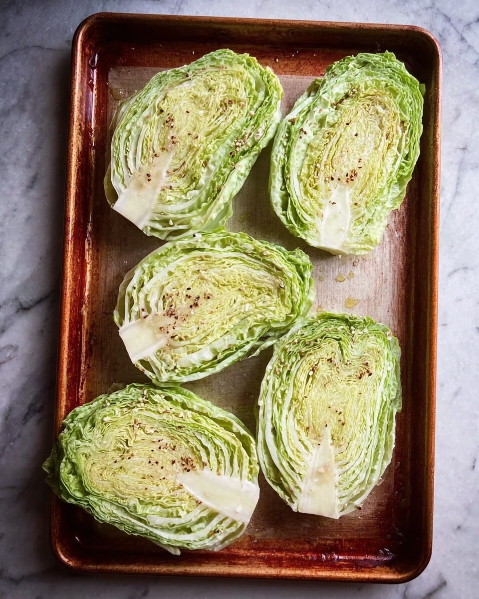 The image shows five thick slices of green cabbage arranged on a baking sheet with a reddish-brown nonstick liner. Each cabbage slice displays detailed layers of light green and white with visible veins and seed-like seasoning sprinkled on top. The baking sheet rests on a white marbled surface visible around its edges. The overall look is rustic and fresh, showing the natural texture of the cabbage leaves and a few drops of seasoning scattered around. Photo taken with an iphone --ar 4:5 --v 7