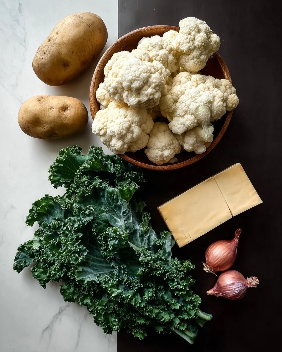 The image shows an arrangement of fresh ingredients on a white marbled surface. There are two light brown potatoes on the left, next to dark green curly kale leaves that spread horizontally across the lower half. Above the kale, a round wooden bowl holds several white cauliflower florets, each with a bumpy texture. To the right of the bowl, there is a rectangular block of pale yellow cheese with a smooth surface. Near the cheese, two small shallots with reddish-purple skin are placed side by side. Photo taken with an iphone --ar 4:5 --v 7