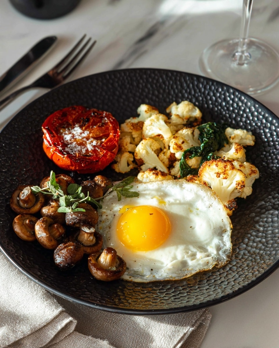 A dark textured plate holds a simple breakfast with four main parts. On the right, there is a fried egg with a bright yellow yolk and a white cooked edge. Above the egg is a mix of light roasted cauliflower and small green leaves. On the left side of the plate, there is a grilled half tomato with a rich red color and some salt sprinkled on top. Below the tomato, a group of small brown mushrooms with a laid-out look is placed, with a few green herb leaves on top. The plate rests on a white marbled surface with part of a folded cloth napkin in the foreground, and a wine glass and a knife in the background. Photo taken with an iphone --ar 4:5 --v 7