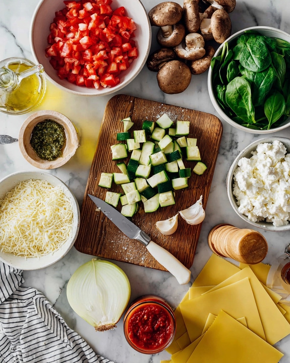 A wooden cutting board sits centrally on a white marbled surface, topped with a sharp knife next to diced green zucchini pieces scattered across it. To the right of the board is fresh green spinach with smooth leaves. Above the board, a white bowl holds whole brown mushrooms with textured caps. On the left side, a white bowl contains bright red chopped bell peppers. Below the board, a white bowl is filled with soft white ricotta cheese, and next to it, another white bowl holds shredded white cheese. Nearby, several uncooked yellow lasagna sheets lay flat on the surface. Additional ingredients include a halved white onion placed at the bottom left of the board, a garlic bulb with several cloves next to it, a whole yellow lemon, a glass bottle of olive oil with a clear spout, a wooden pepper grinder, a white bowl of green grated cheese, and a small jar of red tomato sauce. A white cloth with black stripes rests at the lower left corner. The scene is bright and clear, arranged neatly for cooking. Photo taken with an iphone --ar 4:5 --v 7