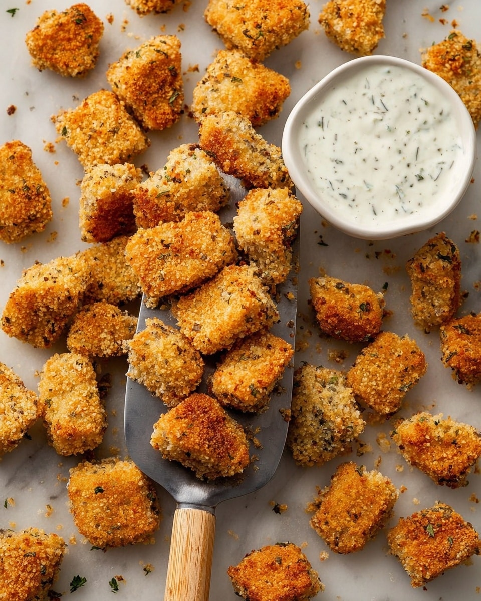 Golden brown, crispy small pieces with a rough textured surface covered in tiny herb flakes, scattered over a white marbled surface. A metal spatula with a wooden handle holds a stack of these bite-sized pieces in the center. To the top right, a small white bowl filled with creamy white sauce mixed with green herb bits sits on the same surface. The overall look shows a close-up view emphasizing the crunchy texture and warm color of the pieces, with soft white and green contrast from the sauce photo taken with an iphone --ar 4:5 --v 7