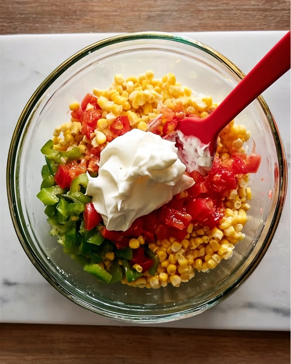 A clear glass mixing bowl holds a colorful mixture arranged in distinct layers: at the bottom, finely diced green bell peppers; on top of them, bright yellow corn kernels spread out evenly; next, chopped red tomatoes placed over the corn; finally, a large dollop of white sour cream sits on top, with a red spatula resting inside the bowl touching the sour cream. The bowl is set on a white marbled surface. photo taken with an iphone --ar 4:5 --v 7