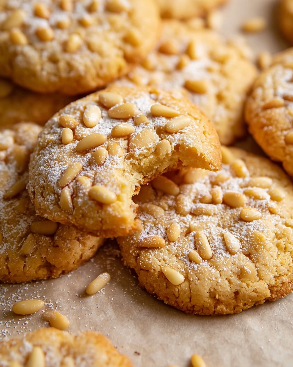 A close-up view of several round cookies arranged in a group on a light brown parchment-like surface with a white marbled texture underneath. Each cookie has a golden-brown color and is studded with small pine nuts all over the top, giving a bumpy texture. One cookie is placed on top of another, and it has a bite taken from it, showing a soft interior that matches the outer color. A fine dusting of white powdered sugar lightly covers the tops of the cookies, adding a soft contrast. The overall look is warm and inviting, capturing the textures of the pine nuts and soft cookie dough clearly photo taken with an iphone --ar 4:5 --v 7