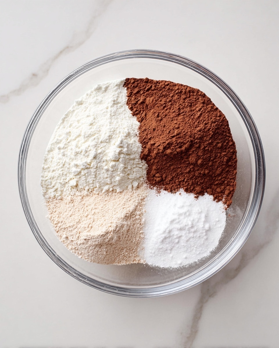 A clear glass bowl holds four dry ingredients in separate sections, arranged in a circular pattern. One section is filled with fine white powdered sugar, another with a light beige flour, a third with a dark brown cocoa powder, and a small section contains a white powder, likely baking soda. The bowl sits on a white marbled surface, creating a clean and bright setting. The bowl is viewed from above, showing the textures and colors clearly without any mixing. photo taken with an iphone --ar 4:5 --v 7