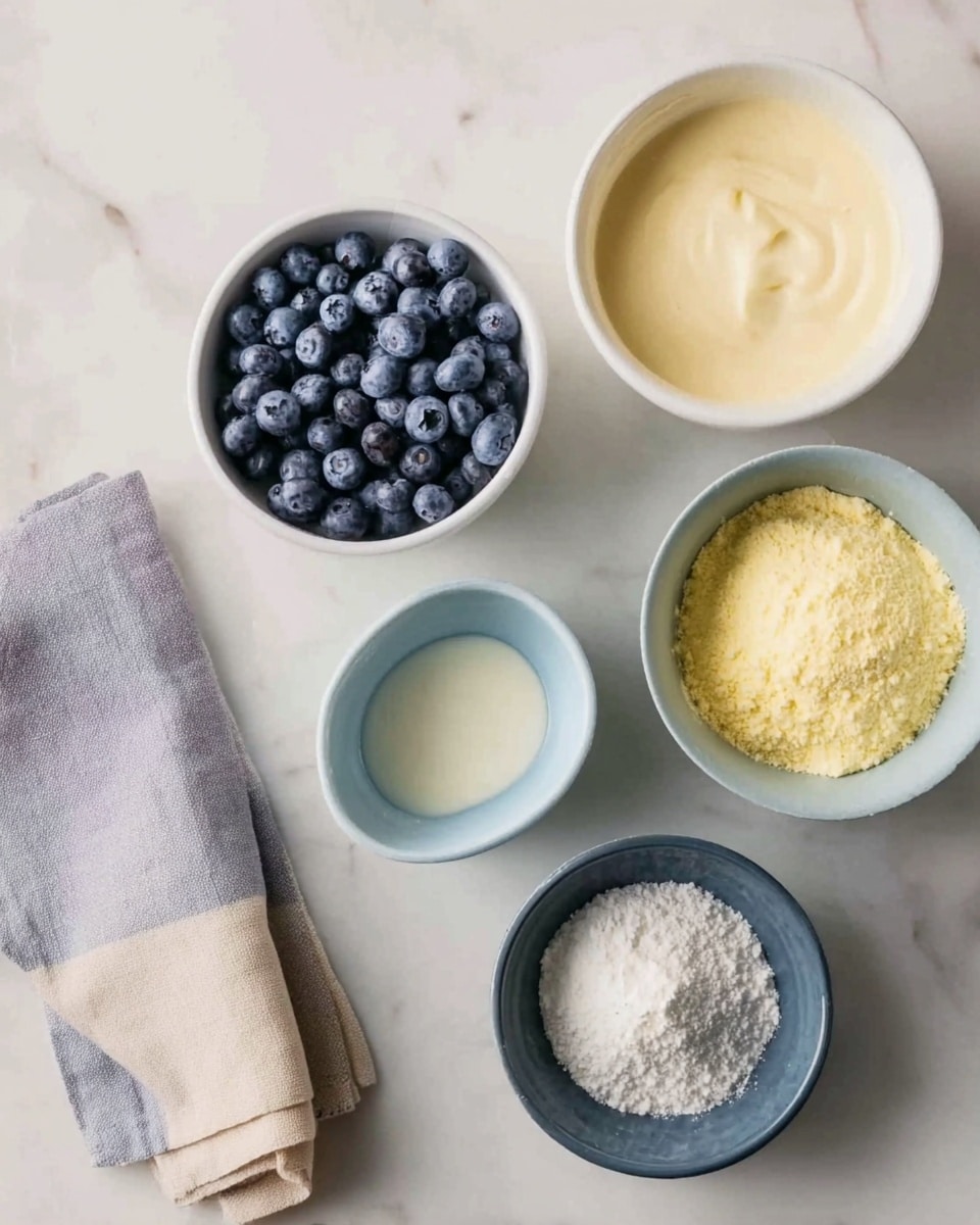 Five bowls with ingredients are placed on a white marbled surface. From left to right on the top row, there is a white bowl filled with fresh blueberries, a white bowl with a smooth cream or batter inside, and another white bowl filled with a yellow powdery substance. On the lower row, slightly to the right, there is a light blue bowl with a white granular ingredient, and in the middle below the top row, a dark blue bowl holds a white powder, likely baking soda or powder. A light grey cloth with a beige tip lies to the left of the bowls. The arrangement is neat and simple, with soft natural lighting. photo taken with an iphone --ar 4:5 --v 7