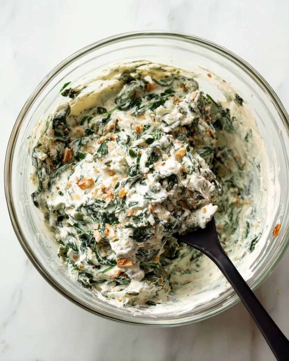 The image shows a clear glass bowl with creamy white dip mixed with chopped green spinach and small bits of light brown toasted pieces, creating a textured and thick mixture. A black spoon is partially dipped in the mixture, resting on the right side inside the bowl. The bowl is placed on a white marbled surface, adding a clean and bright background to the scene. photo taken with an iphone --ar 4:5 --v 7