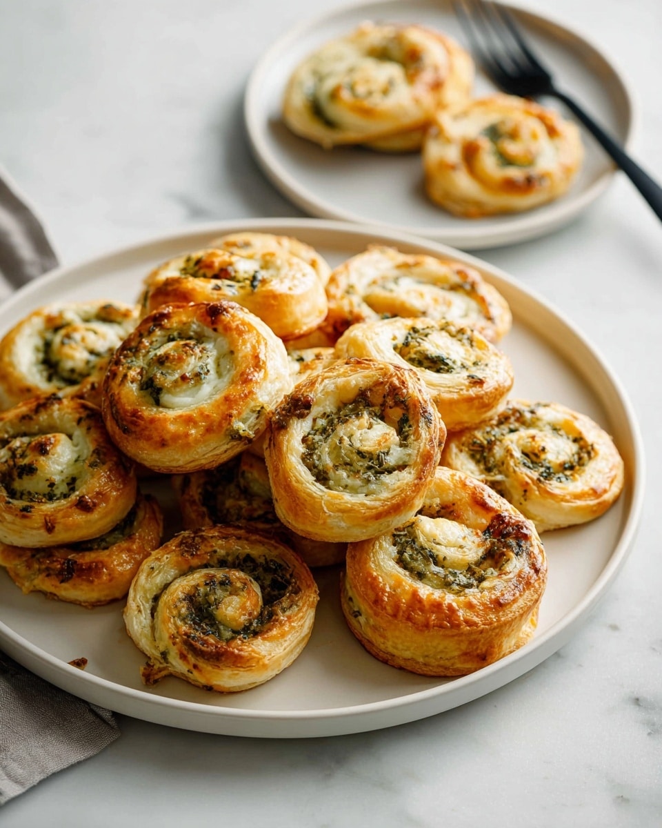 A round white plate holds about a dozen golden-brown pinwheel pastries stacked together. Each pastry has two visible layers: a flaky outer layer with a light golden crust and an inner spiral layer showing green herbs mixed with melted cheese in creamy white and pale yellow colors. The texture looks crisp around the edges and soft inside. Behind the main plate, there is a smaller white plate with a few more pastries and a black fork. The whole scene sits on a white marbled surface with soft, natural lighting. Photo taken with an iphone --ar 4:5 --v 7