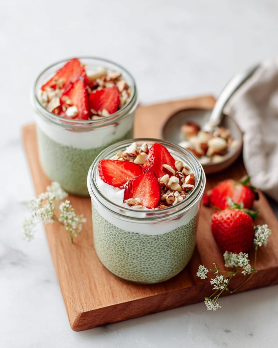 This image shows two clear glass jars filled with three visible layers: the bottom two-thirds is a textured green chia pudding, the middle thin layer is smooth white yogurt, and the top layer is decorated with fresh bright red strawberry halves and scattered chopped light brown nuts. The jars are placed on a wooden board on top of a white marbled surface. Around the jars, there are extra strawberry halves, a small pile of chopped nuts, and a delicate green and white flower sprig. One jar is slightly behind the other, adding depth. The overall look is fresh and inviting. photo taken with an iphone --ar 4:5 --v 7