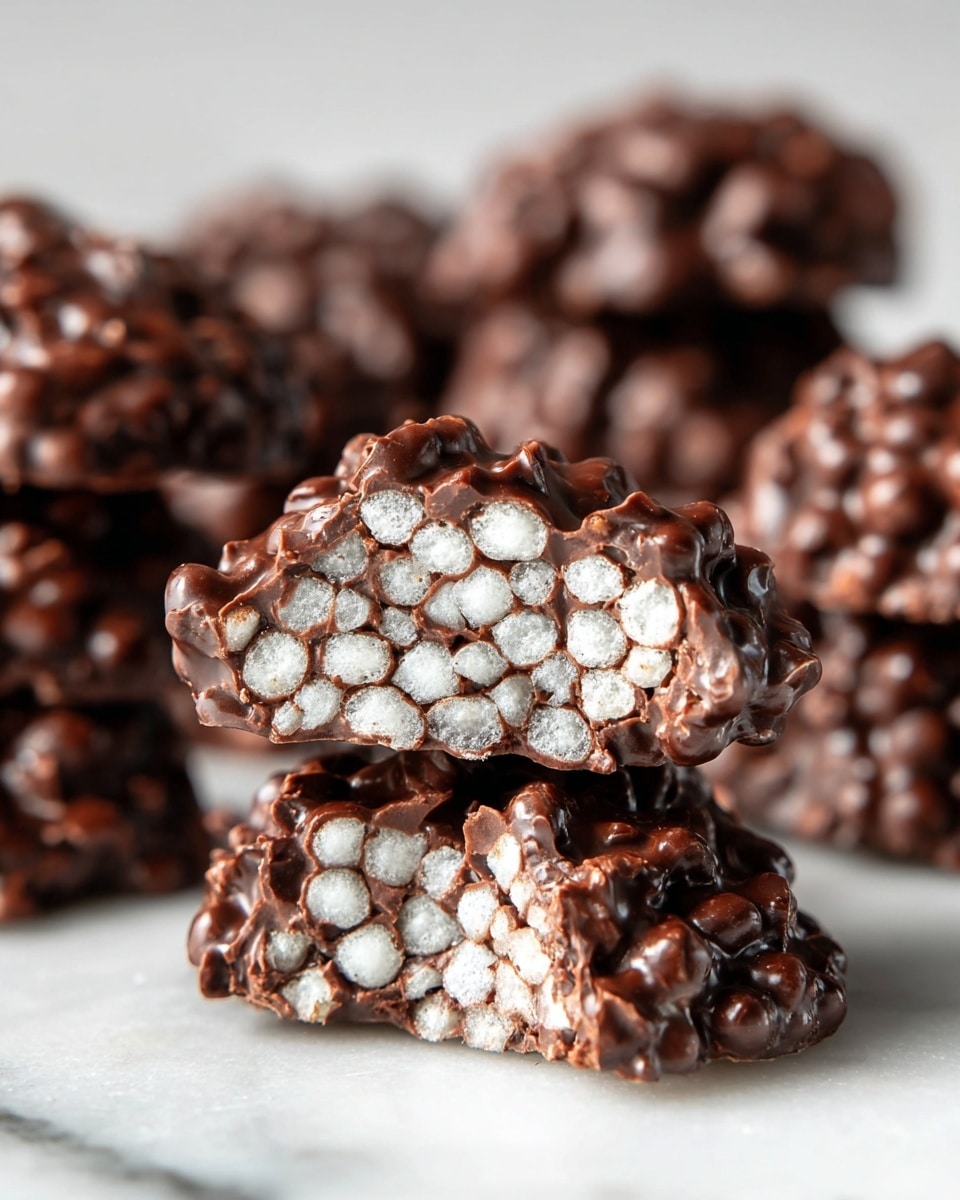 The image shows a close-up of small chocolate clusters stacked on a white marbled surface. Each cluster is made of two layers: the outside layer is dark brown, bumpy, and shiny chocolate coating, while the inside layer reveals many small, round, white crispy pieces packed tightly together, visible only in the half piece on top. The clusters have an irregular shape with a rough texture. More clusters are blurred in the background, creating depth in the image. photo taken with an iphone --ar 4:5 --v 7