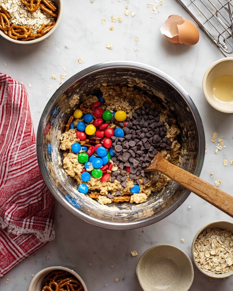A large silver mixing bowl at the center holds a thick oatmeal mixture with visible rolled oats, broken pretzel pieces in a golden brown color, colorful candy-coated chocolate pieces in red, blue, yellow, green, and orange, and a pile of dark brown chocolate chips on top. A wooden spoon is resting inside the bowl, partially covered by the ingredients. Surrounding the bowl on a white marbled tile surface are an empty eggshell, a red and white striped cloth, and smaller round bowls in neutral tones with some ingredients inside or empty. Scattered oat flakes lie lightly around the scene. Photo taken with an iphone --ar 4:5 --v 7