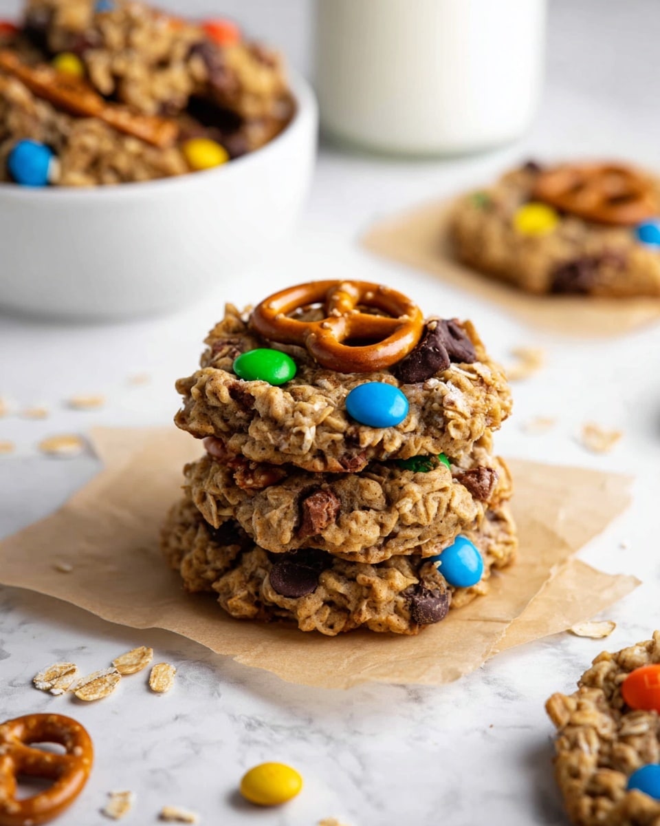 A stack of three oat cookies separated by light brown parchment paper sit on a white marbled surface. The top cookie has a small pretzel in the center, surrounded by colorful candy-coated chocolate pieces in blue, green, yellow, and orange, as well as dark chocolate chips mixed into the rough, textured cookie. Scattered around the cookies are small oats, broken pretzels, and some candy pieces. In the background, there is a white bowl filled with more cookies and a white container that seems to hold milk. photo taken with an iphone --ar 4:5 --v 7