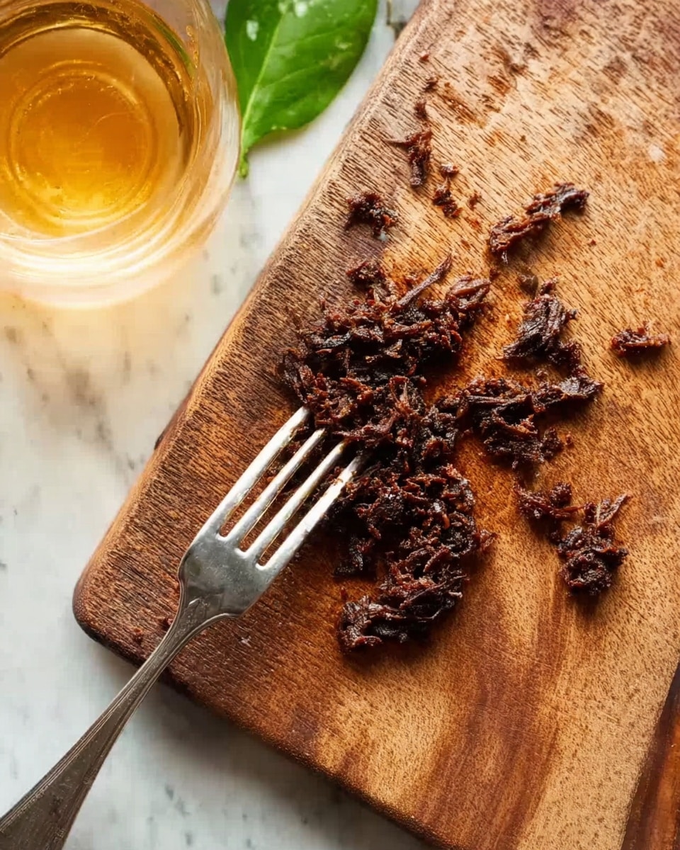 The image shows a worn wooden cutting board on a white marbled surface, with shredded dark brown meat placed in small clumps near the center-right. A silver fork rests on the board with its prongs touching the meat. On the left side of the board, there is a clear glass cup partially filled with a light amber liquid. At the top edge, a green leaf is partially visible. The setup is simple and natural, focusing on the textures of the shredded meat and the wooden board. photo taken with an iphone --ar 4:5 --v 7
