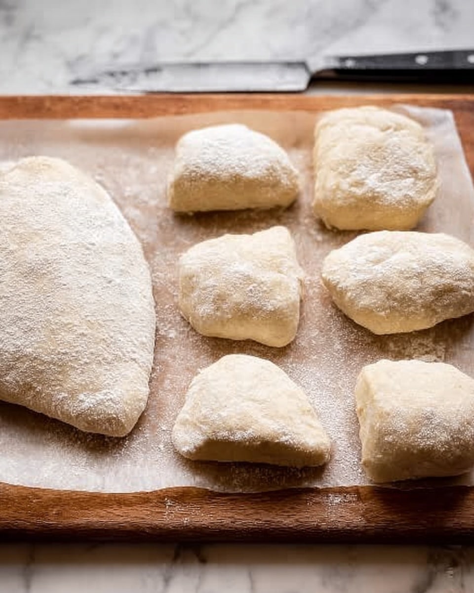 The image shows a wooden board with six pieces of dough resting on a sheet of parchment paper. On the left side, there is one large, irregularly shaped dough piece with a smooth, pale surface dusted lightly with flour. Next to it, in two rows, are five smaller dough pieces varying in shape, from rectangular to rounded, each puffed slightly and also dusted with flour. The dough looks soft and airy, with a gentle bumpy texture on some pieces. In the background, there is a large knife lying on the board. The overall scene is set on a white marbled surface. Photo taken with an iphone --ar 4:5 --v 7