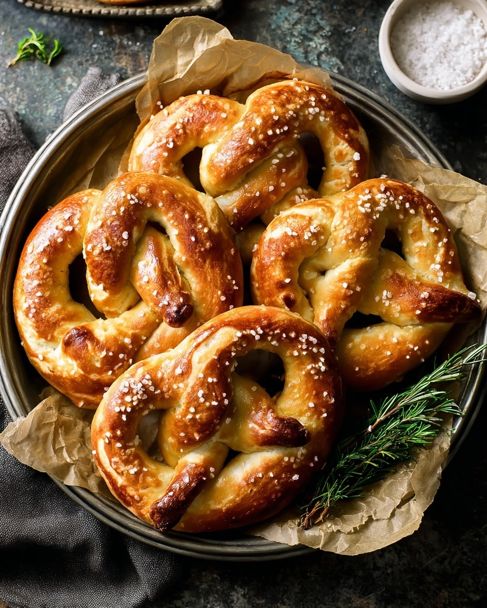 A round metal tray holds five golden-brown pretzels sitting on crumpled light brown parchment paper. The pretzels have a shiny, smooth crust with coarse salt sprinkled on top, showing a slightly darker baked color on some curved areas. A small green sprig of rosemary rests on the right side of the tray. The tray is placed on a dark textured surface with a small white bowl full of coarse salt visible in the upper right corner. photo taken with an iphone --ar 4:5 --v 7