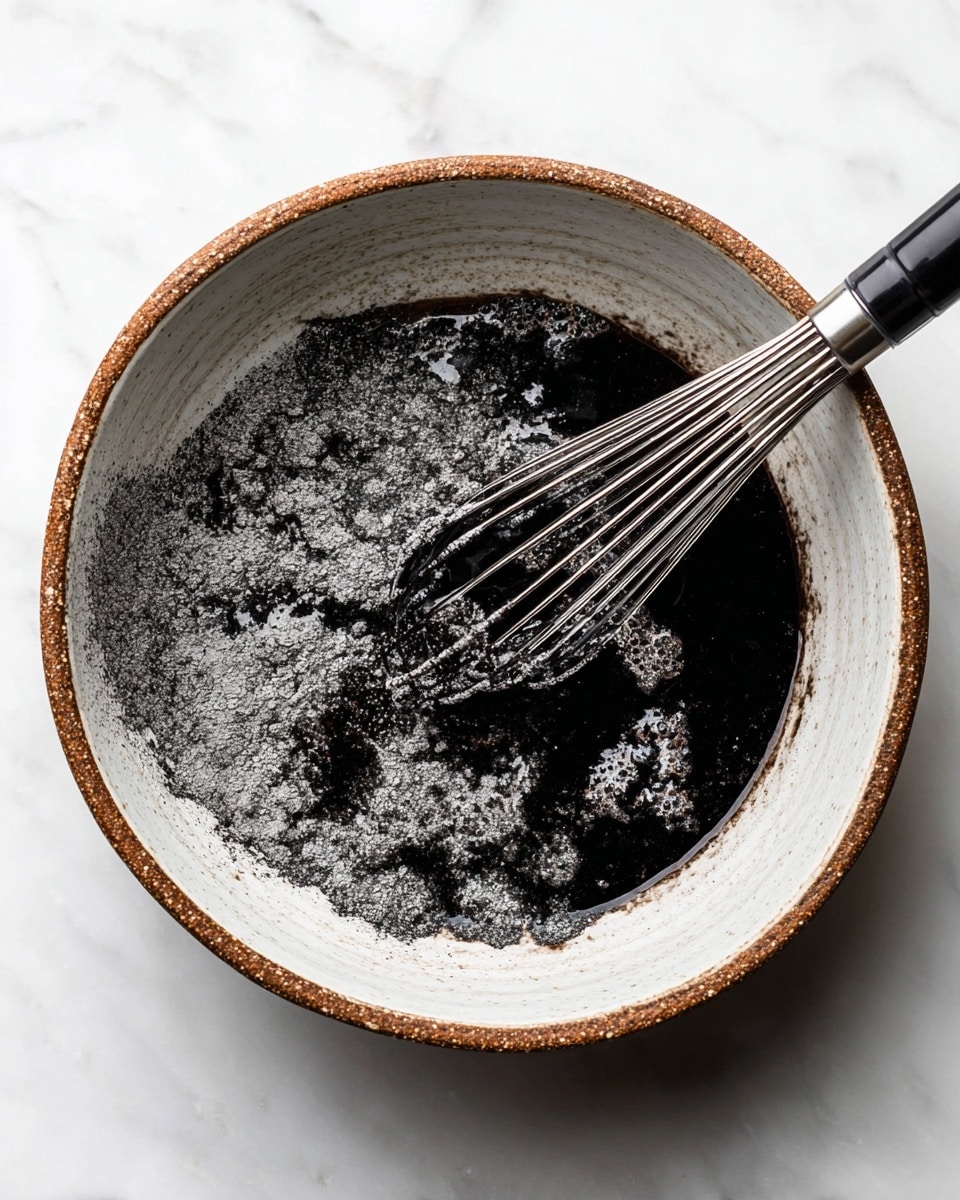 A close-up view of a white ceramic bowl with a rough brown rim, filled with dark black liquid mixture with thick patches of gray powder on the surface, creating a marbled look within the bowl. A metal whisk with a black handle is partially submerged in the mixture on the right side, coated with some of the gray powder. The bowl is placed on a white marbled surface, giving contrast to the dark contents inside. photo taken with an iphone --ar 4:5 --v 7