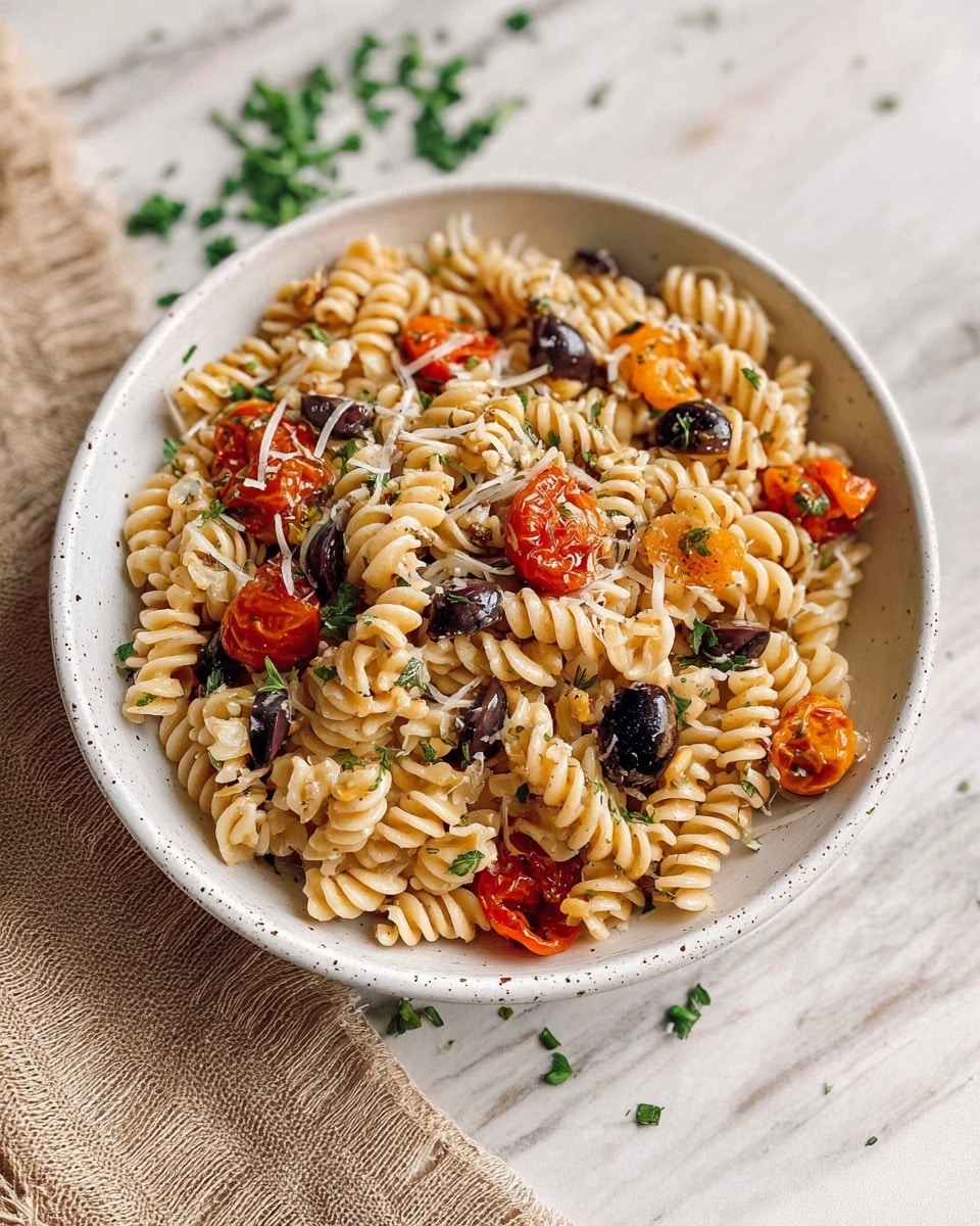 A bowl filled with twisted rotini pasta as the base layer, light beige in color and mixed with small green herb pieces scattered throughout. On top and throughout the pasta, there are bright red and orange roasted cherry tomatoes with a slightly wrinkled texture. Black olive pieces are spread evenly, adding dark contrast to the dish. Light-colored small chopped onions and garlic pieces are visible, mixed with the pasta. The dish is lightly sprinkled with shredded white cheese, giving a fine textured finish on top. The bowl is white with small brown speckles, set on a white marbled surface with some green herb pieces scattered nearby, and a beige textured cloth laying beside it. Photo taken with an iphone --ar 4:5 --v 7