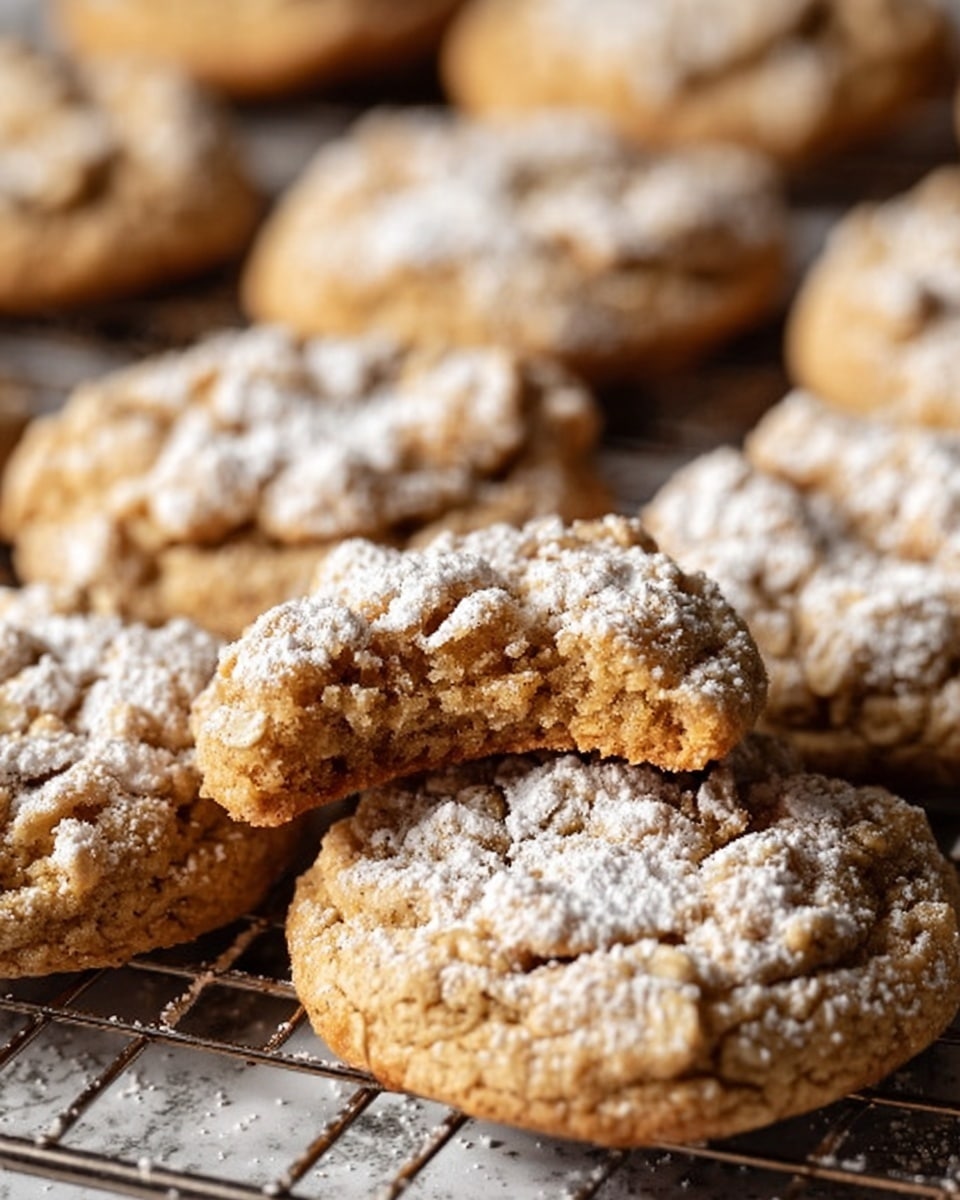 The image shows soft, round oatmeal cookies with crumbly tops arranged on a wire rack. Each cookie is light golden brown with a slightly textured surface made of small oat clusters. One cookie is broken in half and placed on top of another, showing its soft and moist inside with the same golden oatmeal texture. A light dusting of powdered sugar is scattered unevenly over the cookies, adding a touch of white contrast to the warm tones. The background surface is a white marbled texture. photo taken with an iphone --ar 4:5 --v 7