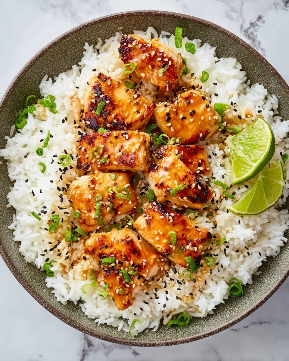 A white plate holds a layer of fluffy white rice scattered with black and white sesame seeds and small bits of green onions, giving it a speckled look. On top, there are eight pieces of golden brown grilled chicken with a shiny, light brown sauce coating each piece, and small chopped green onions sprinkled over them. On one side, a bright green lime wedge rests against the rice, adding a splash of color. The plate sits on a white marbled surface, and the food looks fresh and vibrant. Photo taken with an iphone --ar 4:5 --v 7