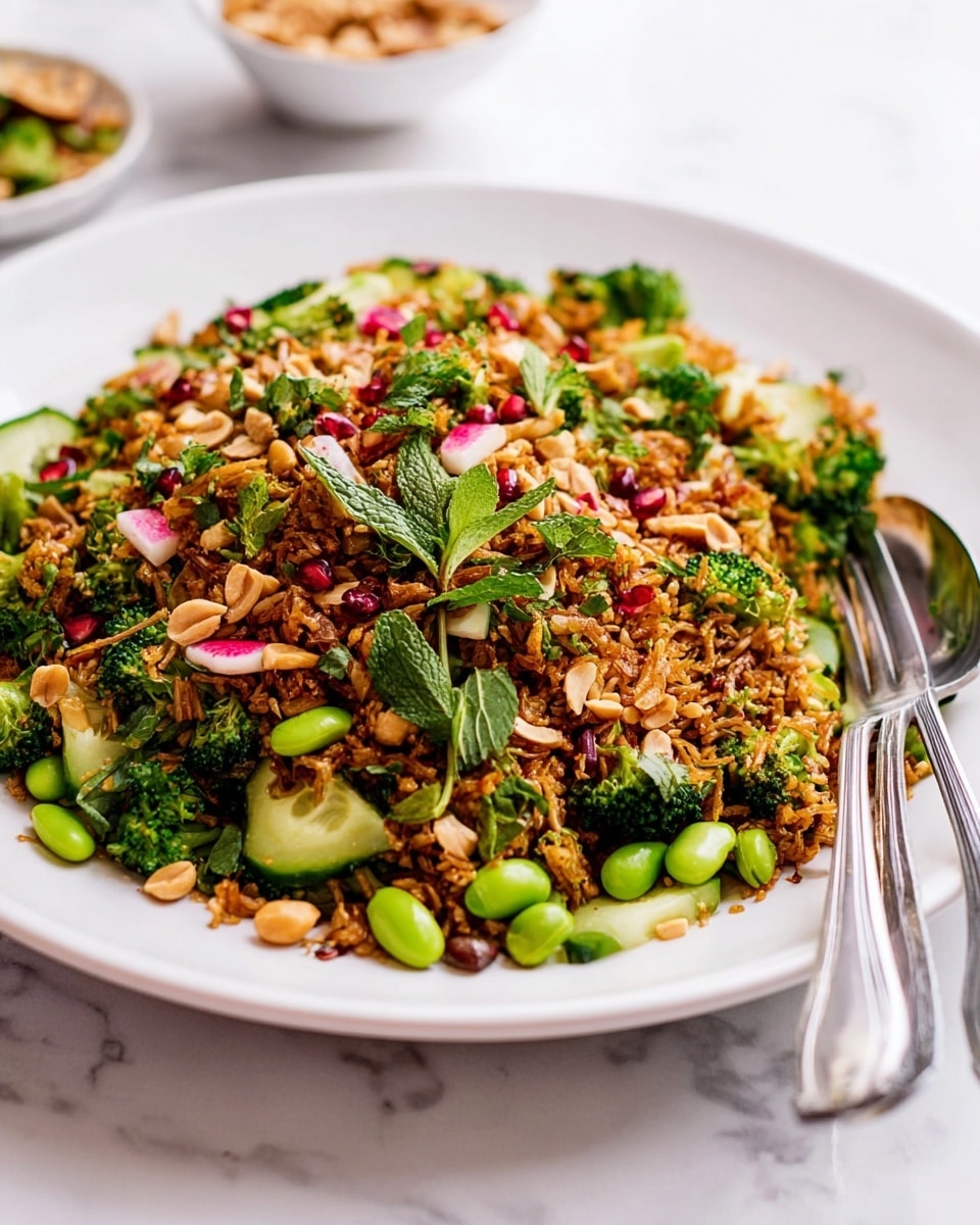 A white round plate on a white marbled surface holds a colorful layered dish. The bottom layer is bright green, mostly broccoli pieces and sliced cucumbers. On top of this is a mix of brown fried rice with crispy texture, sprinkled with chopped peanuts, small pieces of red radish, green edamame beans, and fresh mint leaves. The dish looks fresh and crunchy with a mix of deep brown, green, red, and beige colors. Two silver forks rest next to the plate on the surface. In the blurry background, there is a white bowl with some nuts. Photo taken with an iphone --ar 4:5 --v 7