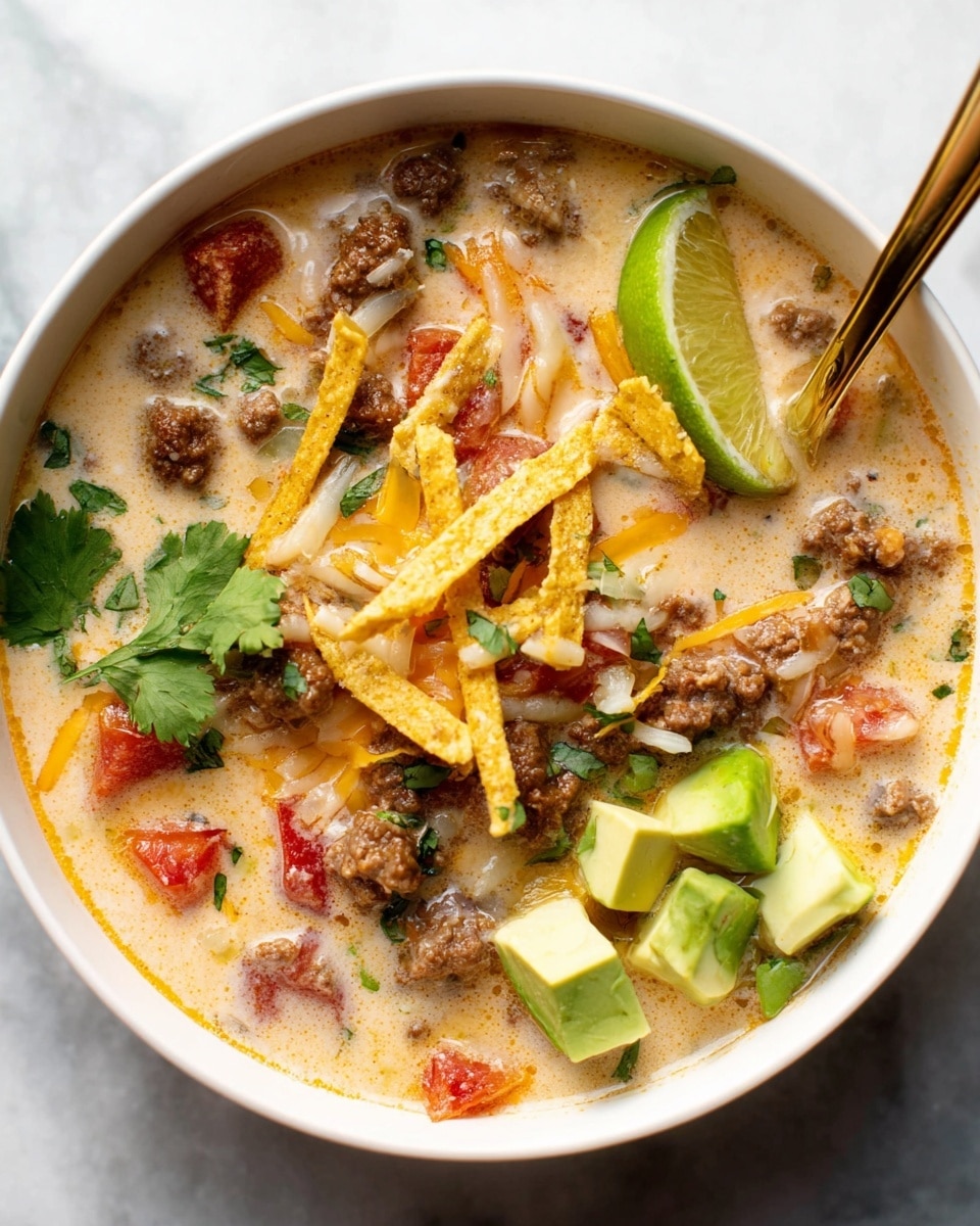 The image shows a white bowl filled with creamy soup that has light beige color as the first layer. On top of the soup, there are pieces of browned ground meat mixed with diced red tomatoes scattered throughout. A few chunks of green avocado cubes sit on the upper right side of the bowl. Thin golden-yellow strips of crunchy tortilla chips are spread over the soup’s surface. A small lime wedge is placed on the right edge, partially submerged. Some melted shredded cheese in white and orange hues is melted within the soup near the center. A fresh green cilantro leaf peeks out on the left side under the soup. A golden spoon rests inside the bowl on the left side, touching the soup. The bowl is set on a white marbled surface. Photo taken with an iphone --ar 4:5 --v 7