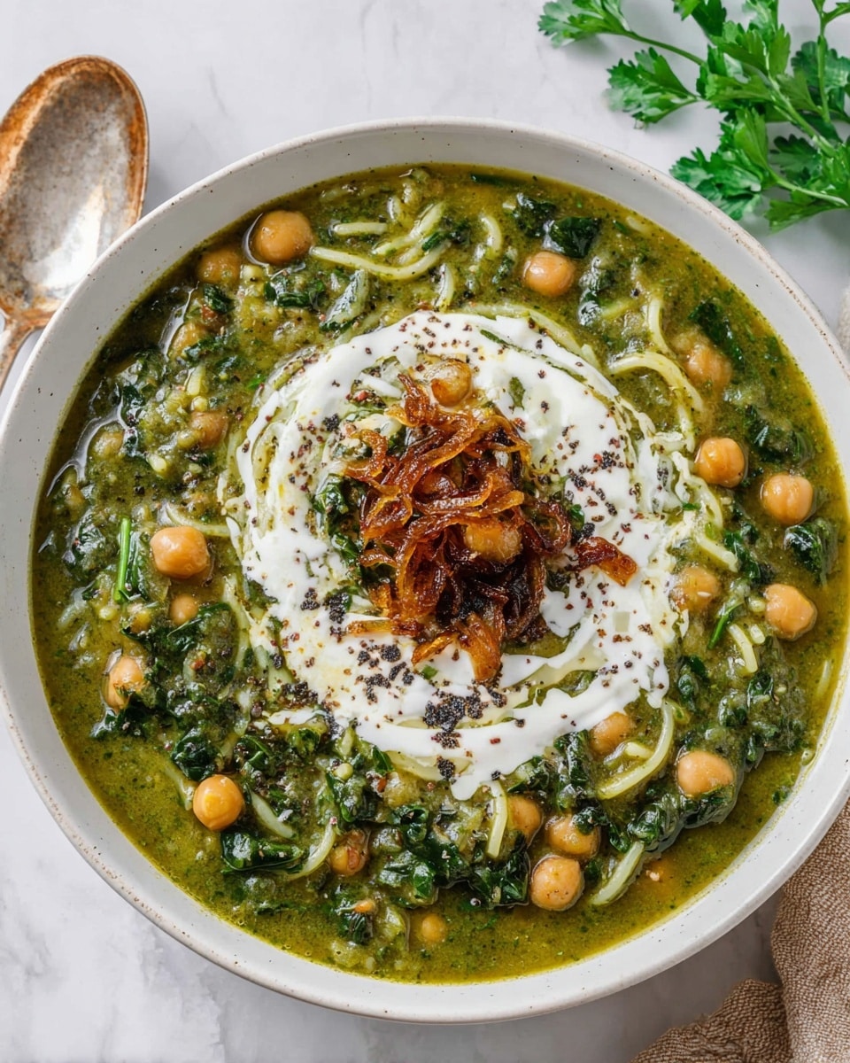 A white bowl filled with thick green soup that has visible chickpeas, leafy greens, and short yellow noodles mixed throughout. In the center, there is a dollop of white creamy sauce topped with a small heap of caramelized golden-brown onions, and sprinkled with black spices. The soup looks hearty and slightly oily, with a smooth but chunky texture. The bowl sits on a white marbled surface with a rustic spoon nearby and some fresh green parsley on the top right corner. photo taken with an iphone --ar 4:5 --v 7