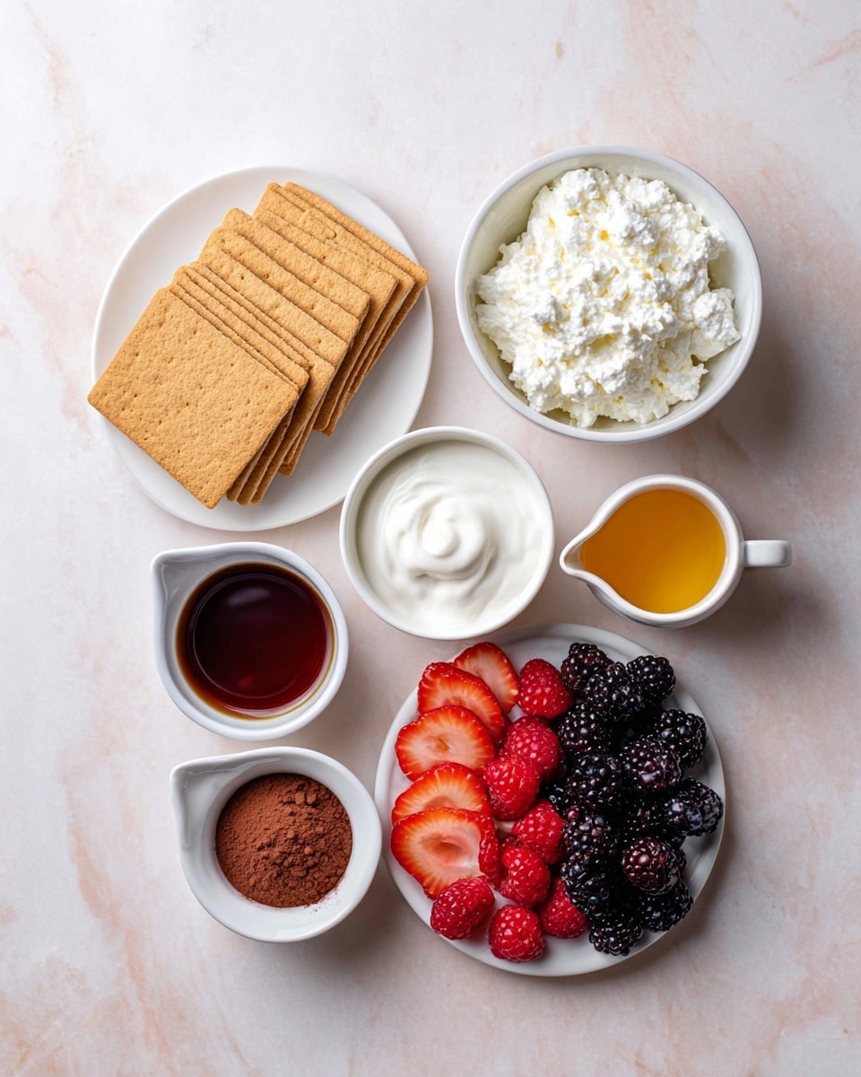 The image shows an arrangement of several white bowls and plates on a white marbled surface. On the left, a white plate holds five beige square graham crackers stacked together. Above, a white bowl is filled with lumpy white cottage cheese, and beside it, another white bowl contains smooth white yogurt. Below them, three small white dishes hold different ingredients: one has a dark brown liquid, another has a pile of brown cocoa powder, and the third is a small white pitcher filled with golden honey. At the bottom right, a white plate displays fresh sliced red strawberries, black blackberries, and red raspberries neatly arranged in rows. photo taken with an iphone --ar 4:5 --v 7