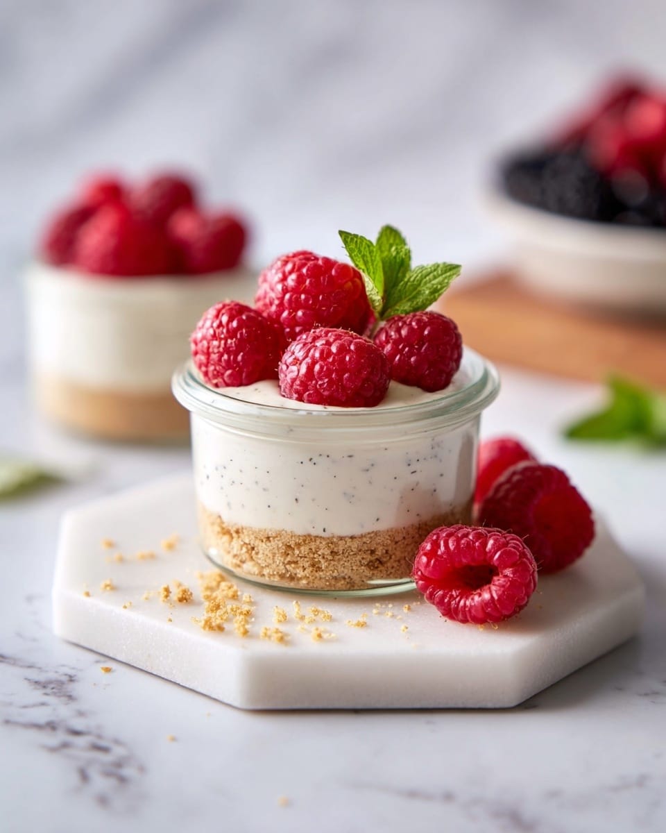 A small clear glass jar shows a two-layer dessert placed on a white hexagonal marble plate. The bottom layer is a crumbly light brown cookie base, and the top layer is smooth and creamy white with tiny black specks. On top of the cream are fresh bright red raspberries arranged closely together, with a small green mint leaf on the side. Several raspberries are scattered beside the jar on the plate, with some crumbs around them. The background has a soft white marbled texture, and another jar with dark berries and cream is blurred in the back. Photo taken with an iphone --ar 4:5 --v 7