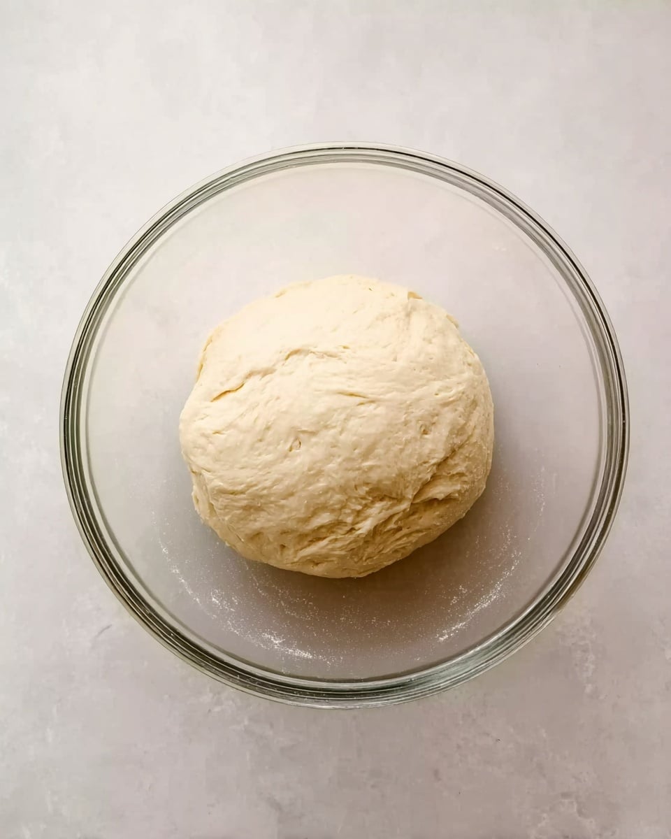 A glass bowl placed on a white marbled surface contains a single round ball of smooth, pale dough. The dough is light beige in color with a soft texture and slight creases on the surface from gentle handling. The bowl is clear, showing the dough sitting neatly in the center, with no other ingredients or tools visible around it. photo taken with an iphone --ar 4:5 --v 7