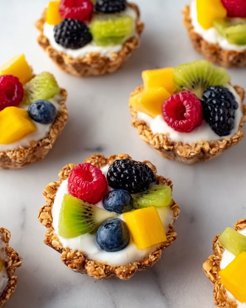 The image shows several small tartlets placed on a white marbled surface. Each tartlet has a crispy, textured brown crust forming the base and sides. Inside, there is a smooth white cream layer filling the shell. On top of the cream, fresh fruit pieces are arranged in a colorful mix: bright yellow mango cubes, green kiwi slices, dark blue blueberries, deep black-blackberries, and bright red raspberries. The tartlets are evenly spaced, and a woman's hand is reaching towards one of the tartlets. photo taken with an iphone --ar 4:5 --v 7