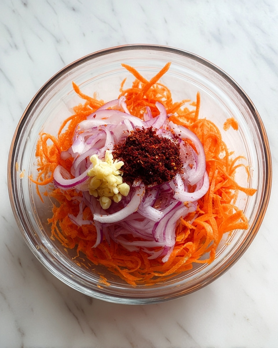 A clear glass bowl sits on a white marbled surface filled with three visible layers: a bottom layer of thin, bright orange shredded carrots, a middle layer of thin, curved slices of light purple onion, and small clusters of minced pale yellow garlic placed among two small piles of dark red chili powder on top. The colors contrast sharply, showing fresh, crisp textures. Photo taken with an iphone --ar 4:5 --v 7