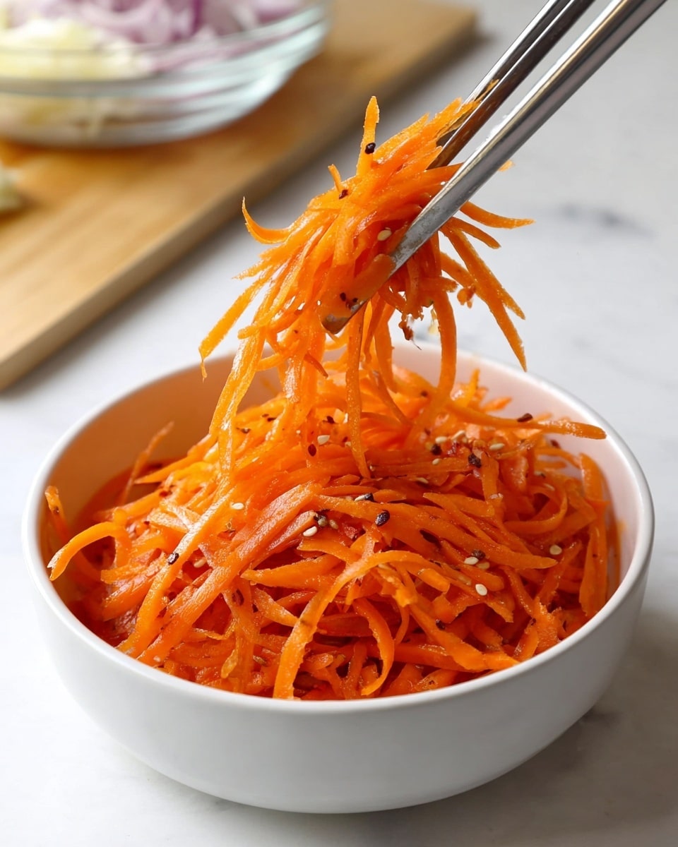 A white bowl filled with thin orange carrot strips seasoned with small seeds and a reddish spice, the carrots look fresh and slightly wet. Above the bowl, stainless steel chopsticks hold a small bundle of the carrot strips, showing their thin, long texture. The bowl is placed on a white marbled surface, with a blurred background including a light wooden board and a glass bowl with sliced onions. The colors are bright with focus on the orange and silver chopsticks, photo taken with an iphone --ar 4:5 --v 7