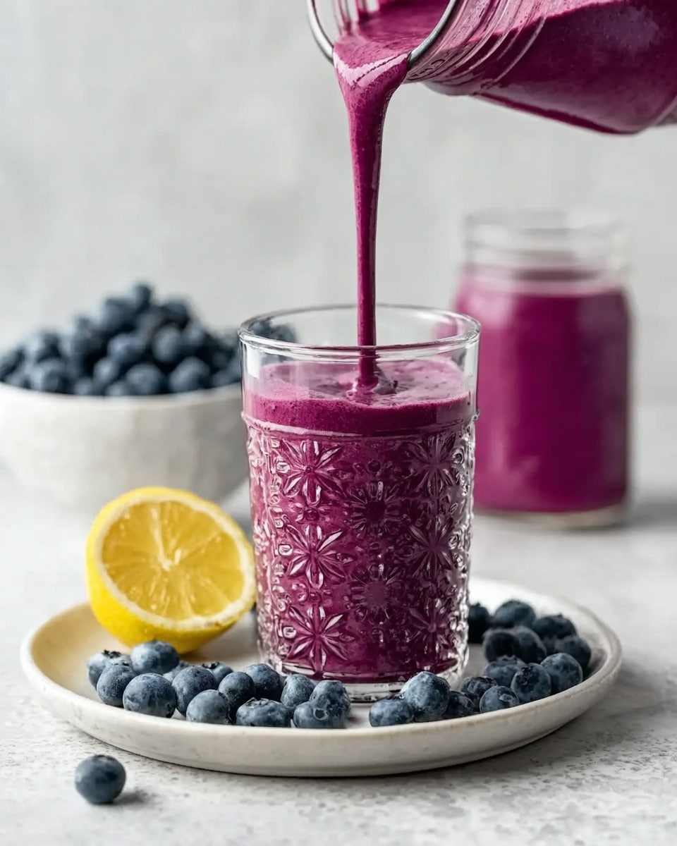 A clear glass jar with a decorative pattern is being filled with thick, purple smoothie from above. The jar sits on a round white plate with small clusters of fresh blueberries scattered around its base. To the side on the plate, there is a half lemon with bright yellow skin. Behind the jar, a white bowl filled with blueberries and another glass jar filled with the same purple smoothie are visible. The scene is set on a white marbled textured surface with soft natural light illuminating the colors. photo taken with an iphone --ar 4:5 --v 7
