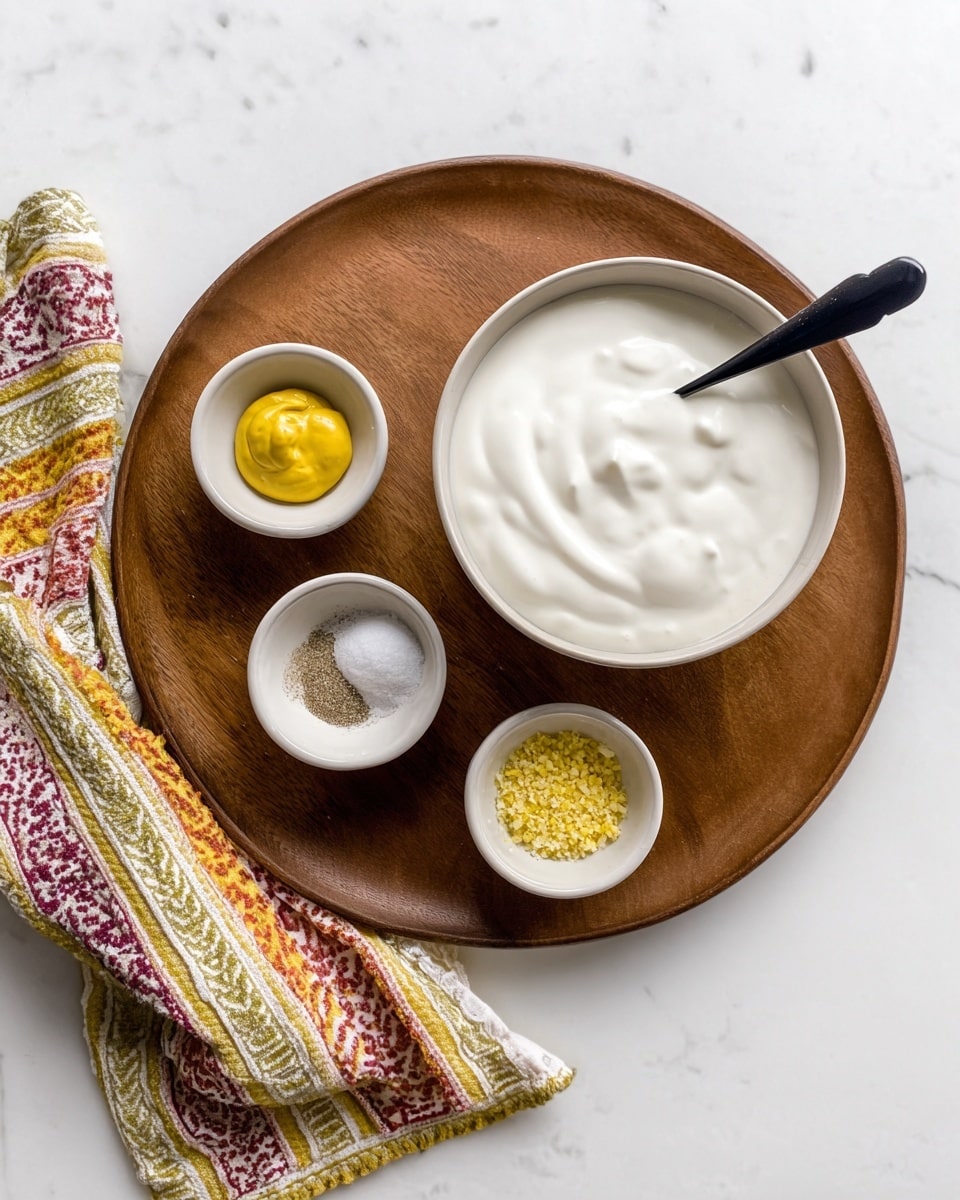 A round wooden board holds four white bowls arranged with three smaller ones forming a semi-circle around a larger bowl; the large bowl at the top right contains smooth white yogurt with a black spoon partially dipped inside, the top left small bowl has a dollop of bright yellow mustard, the bottom left small bowl has small piles of white salt, black pepper, and light beige garlic powder, and the bottom right small bowl holds finely grated yellow lemon zest. A colorful striped cloth is draped casually at the bottom left corner on a white marbled surface photo taken with an iphone --ar 4:5 --v 7