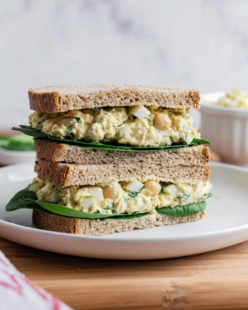 A sandwich is cut in half and stacked with two visible layers of filling between three slices of light brown whole wheat bread. Each filling layer has a creamy, pale yellow texture mixed with small pieces of light green celery and white chickpeas, with a few flecks of herbs. Underneath the creamy filling is a bright green layer of fresh spinach leaves. The sandwich sits on a white plate that rests on a wooden surface, with a blurred white bowl in the background and a white marbled texture behind it. photo taken with an iphone --ar 4:5 --v 7